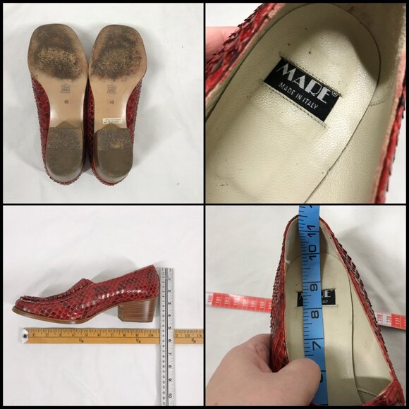 Vintage 90s Loafers Red Snakeskin and Leather Chunky Heel Square Toe Shoes Mare - Picture 8 of 8